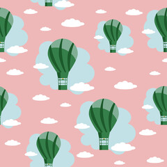 green balloons on a background of sky and clouds. Vector seamless pattern for your product