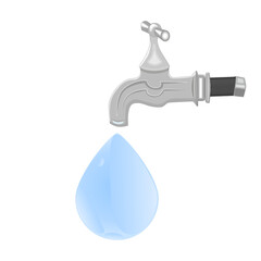 Water tap with falling drop isolated on white background. Drop of pure water coming out of faucet. Water leakage. Save water save the world. Environment concept. Plumbing services. Vector illustration