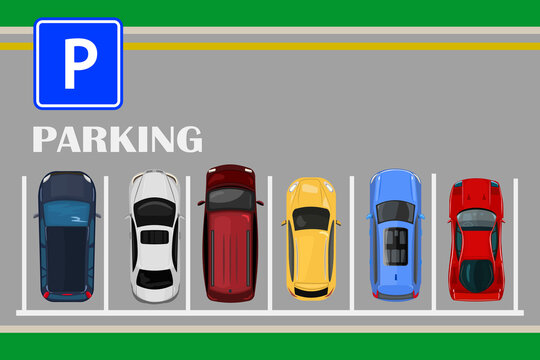 Top view of a city parking lot with a set of different cars. Public car parking zone. Urban transport, traffic concept. Colored parked cars on the parking. City transport services. Vector illustration