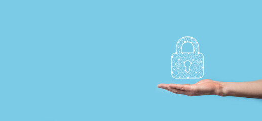 Male hand holding a lock padlock icon.Cyber security network. Internet technology...