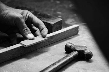 A Mechanic Does Carpenter Jobs With Wood, Saw, Hammer, Nail, Plus And Other Tools