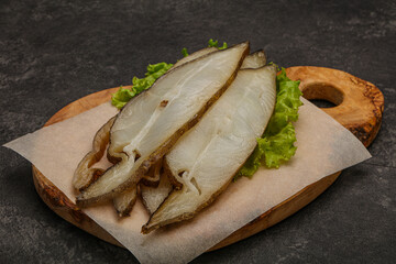 Delicous smoked halibut slices snack