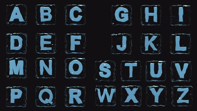 A complete set of animated in ice English letters alphabet on a transparent background.
Motion graphics ABC  alphabet letters.
