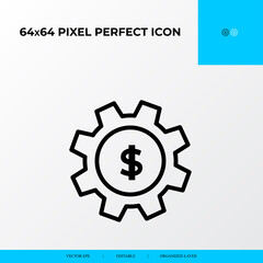 gear with dollar vector line icon style. Financial Process concept icon. 64x64 Pixel perfect