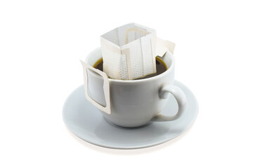 Instant freshly brewed cup of coffee,Drip bag fresh coffee perspective view