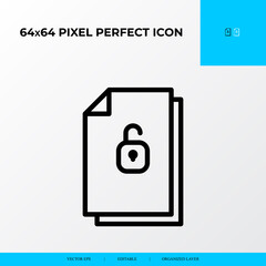 File Unlocked vector line icon style. security and private file icon. 64x64 Pixel perfect