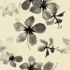 White Tropical Plant. Gray Seamless Painting. Pattern Plant. Flower Leaf. Floral Vintage. Flora Plant. Decoration Nature. Wallpaper Hibiscus.
