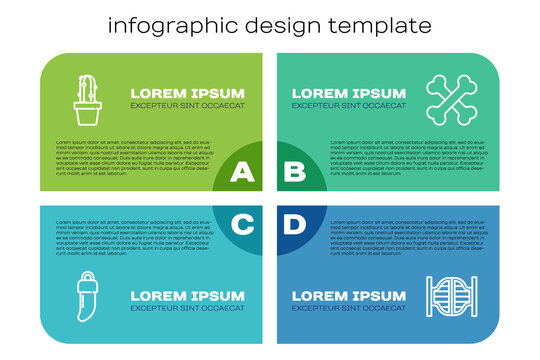 Set line Tooth, Cactus peyote in pot, Saloon door and Crossed human bones. Business infographic template. Vector