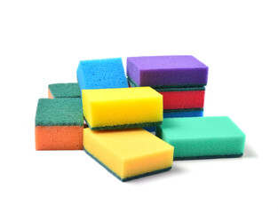 different sponges for washing dishes and cleaning the kitchen. isolated on white.