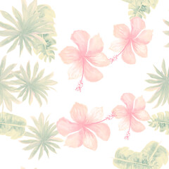 White Seamless Hibiscus. Green Pattern Foliage. Gray Tropical Exotic. Organic Flower Foliage. Banana Leaves. Flora Texture. Floral Nature. Watercolor Design.