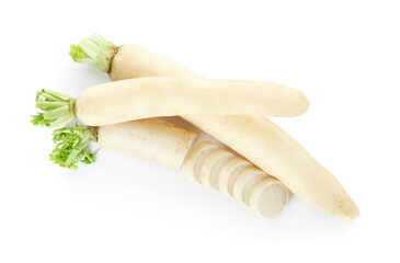 Sliced and whole fresh ripe turnips on white background, top view