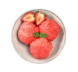 Delicious pink ice cream with mint and strawberry in bowl isolated on white, top view
