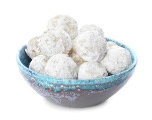 Tasty snowball cookies in bowl isolated on white. Christmas treat