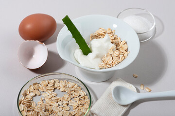 Egg White Face Mask ingredients. Whipped egg white, aloe, sugar, oatmeal.