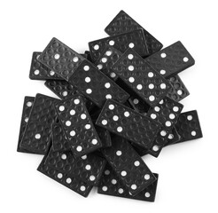 Pile of black domino tiles on white background, top view