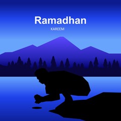 Man drinking water in mountain lake ramadan kareem illustration vector graphic islamic holy month of Ramadhan. Perfect for concept of presentation, banner, cover and promotion celebration