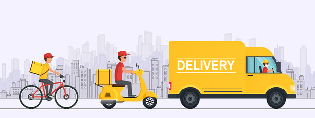Online delivery service concept order goods and food to home, office and warehouse. Truck, scooter and bicycle courier.