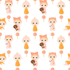 Seamless pattern with cute infant characters and rattles on white background in cartoon style for wrapping paper