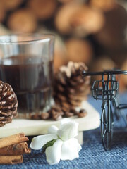 moka pot coffee maker morning fresh with firewoods background 