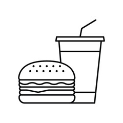 Hamburger and soda takeaway, Fast food icon, Outline flat design on white background, Vector illustration