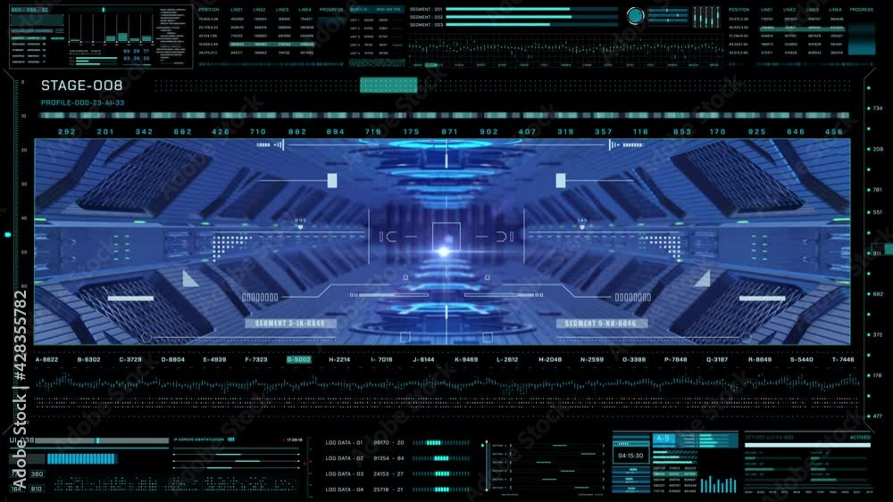 Poster blue spaceship interior tunnel flying through with hud security mission check in cyerspace 4k motion