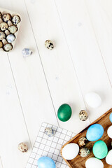 church holiday easter colorful eggs on chalkboard and wooden background 