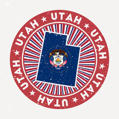 Utah round stamp. Logo of us state with state flag. Vintage badge with circular text and stars, vector illustration.