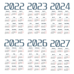 Simple english calendar 2022 - 2027 on white background. Vector illustration