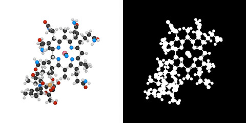 Chemical structure of Vitamin B12 (cyanocobalamin). Formula: C63H88CoN14O14P. 3D illustration. Chemical structure model: Ball and Stick. RGB + Alpha(Transparent) channel.