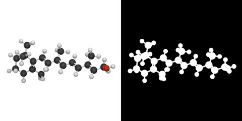 Vitamin A(Retinol). Found in food and used as a dietary supplement. 3D illustration. Chemical structure model: Ball and Stick. RGB + Alpha(Transparent) channel.
