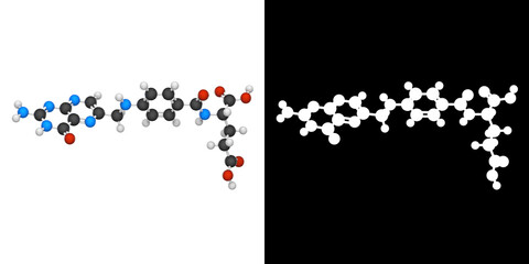 Vitamin B9 (Folate). Also known as Folacin, and historically Vitamin M. 3D illustration. Chemical structure model: Ball and Stick. RGB + Alpha(Transparent) channel.