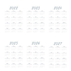 Simple english calendar 2022 - 2027 on white background. Vector illustration