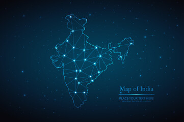 Abstract map of India geometric mesh polygonal network line, structure and point scales on dark background. Vector illustration eps 10