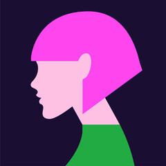 vector flat design ultra minimalist illustration of a beautiful young woman who is turned in profile with a trendy hairstyle in trendy colors. image is isolated. can be used for advertising purposes.