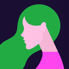vector flat design ultra minimalist illustration of a beautiful young woman who is turned in profile with a trendy hairstyle in trendy colors. image is isolated. can be used for advertising purposes.