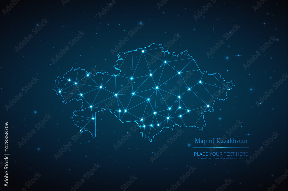 Wall mural abstract map of kazakhstan geometric mesh polygonal network line, structure and point scales on dark