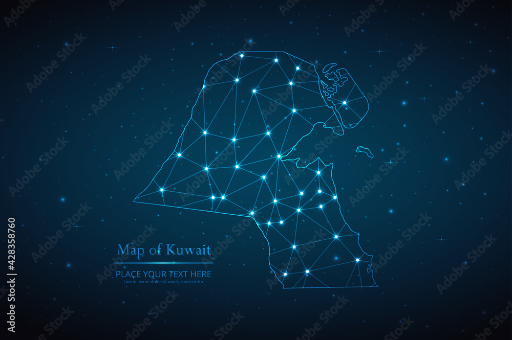 Wall mural abstract map of kuwait geometric mesh polygonal network line, structure and point scales on dark bac