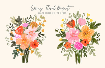 Spring Floral Bouquet Watercolor Vector Set