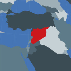 Shape of the Syria in context of neighbour countries. Country highlighted with red color on world map. Syria map template. Vector illustration.