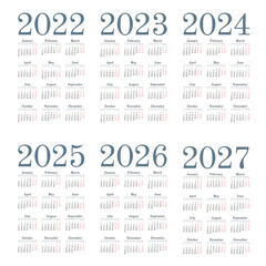 Simple english calendar 2022 - 2027 on white background. Vector illustration
