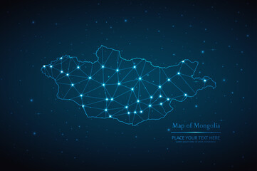 Abstract map of Mongolia geometric mesh polygonal network line, structure and point scales on dark background. Vector illustration eps 10