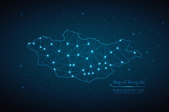 Abstract map of Mongolia geometric mesh polygonal network line, structure and point scales on dark background. Vector illustration eps 10