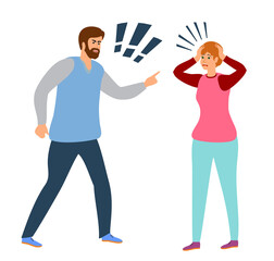 People shouting, quarrel illustration. Aggressive screaming characters. Screaming boy and girl, angry people. Angry girl and boy, man quarrel with woman. Husband and wife conflict illustration