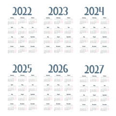 Simple english calendar 2022 - 2027 on white background. Vector illustration