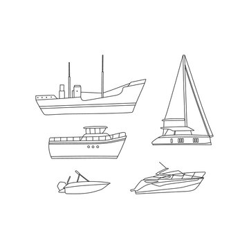 Vector line hand drawn illustration set of boats. Sailboat, luxury yacht nautical vessel, motor boat, catamaran. Isolated on white background.