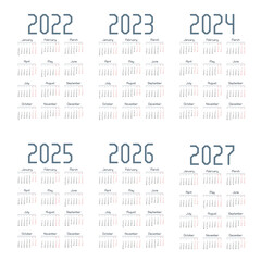 Simple english calendar 2022 - 2027 on white background. Vector illustration