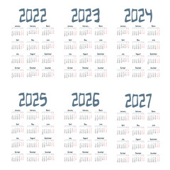 Simple english calendar 2022 - 2027 on white background. Vector illustration