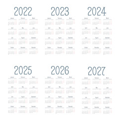 Simple english calendar 2022 - 2027 on white background. Vector illustration