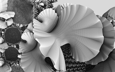 Abstract background, black and white fantastic 3D shapes, underwater grey shells, fictional render illustration.