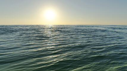 Ocean natural background, with calm water and sun 3D render illustration.